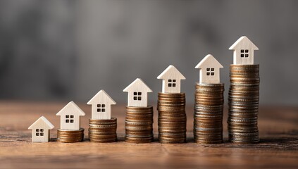 Miniature houses on stacks of coins representing financial growth concept