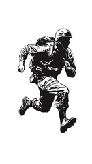 Obraz premium Silhouette of running soldier in combat gear helmet and boots dynamic military action black and white vector illustration minimalist style