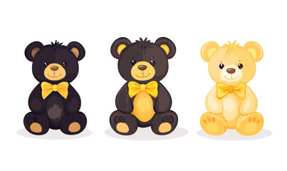 Naklejka premium Set of three cute plush teddy bears sitting with yellow bow ties in soft minimalist flat vector style for children toy collection and kids gift design