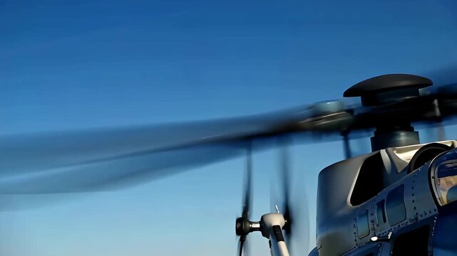 Closeup of helicopter rotor blades spinning fast in blue sky helicopter parts visible aviation scene aircraft in motion rotor tips blurred outdoor flying machine technology in flight air trans
