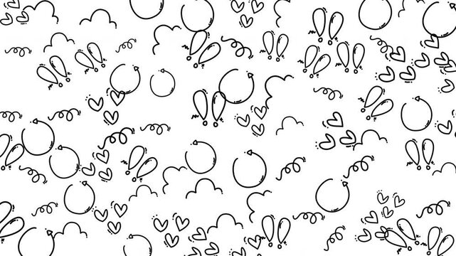 Scribble pattern with hearts, clouds, arrows, and exclamation marks for fun and creative designs suitable for various graphic projects. 4K video