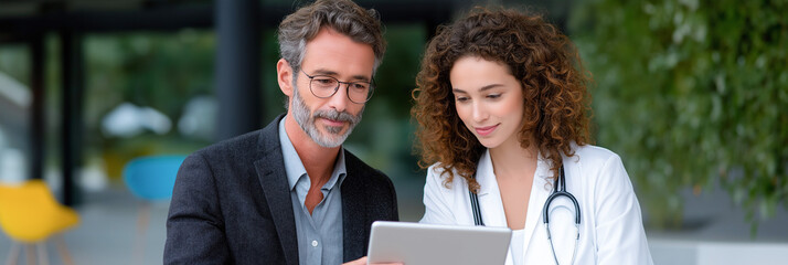Professional healthcare team, a middle-aged man and a young woman, discussing patient data on a tablet in a modern medical office with greenery and bright colors
