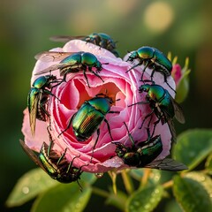 Emerald Beetles Feast on Pink Rose - A Vibrant Natural Gathering.