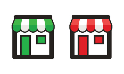 Two Storefront Icons with Green and Red Awnings and Doors On Transparent Background