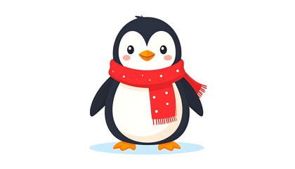 A cute cartoon penguin with black and white feathers wearing a red scarf with white polka dots