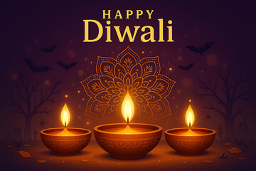 Beautiful diwali festival background with glowing oil lamps and decorative mandala design celebrating hindu festival of lights in dark night