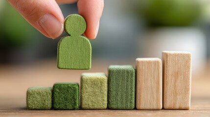 Hand placing a green wooden figure on top of a bar graph made from wood blocks symbolizing business growth and human resources