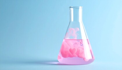 A conical flask holds pink liquid with a swirling cloud effect inside. The backdrop is a soft blue color, providing a clean and modern aesthetic