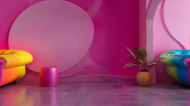 Bright colorful sofa with neon lights in a stylish interior setting. 4k video