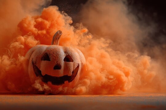 Mystical halloween pumpkin in orange smoke - Powered by Adobe