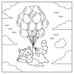 Whimsical Cat Adventure - Coloring Page with Balloons and Clouds.