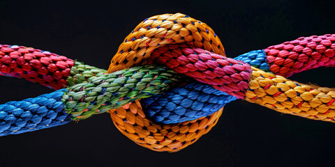 Colorful intertwined ropes forming knot on black backdrop representing corporate connection, partnership, strength, and teamwork diversity theme