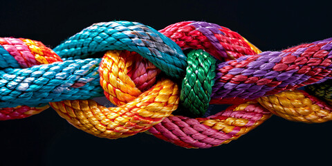 Vibrant multicolored rope knot on dark background symbolizing unity, teamwork, diversity, and strong global business collaboration concept