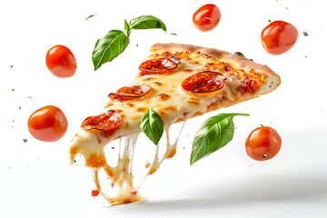 Close-up of hot pepperoni pizza slices with gooey melted cheese on a clean isolated  white background, perfect for food advertising and menu design