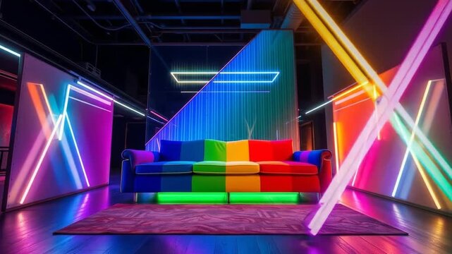 Bright colorful sofa with neon lights in a stylish interior setting. 4k video