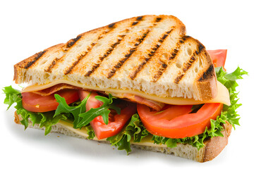 Delicious Grilled Sandwich with Bacon, Cheese, Tomato, and Lettuce, isolated  white background