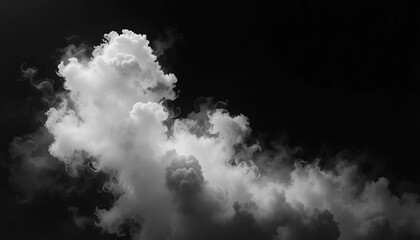 White smoke or cloud formation with swirling patterns against a deep black background, creating a dramatic and mysterious atmosphere