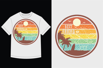 Best Friend Tropical Beach T-Shirt Design with Retro Sunset Stripes and Palm Tree