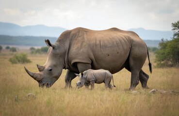 Obraz premium Mother rhino walks with baby on grassland. Ceratotherium simum graze together in nature reserve. Animals feed on savannah. Wild rhino with calf goes on African safari tour.