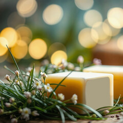Two bars of handmade soap are placed on a wooden surface. Surrounding them are sprigs of greenery and small flowers
