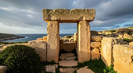 Ancient Megalithic Temple Entrance in Malta Overlooking the Sea.