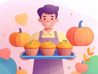 Cute Male Baker Holding Tray of Fresh Pumpkin Muffins Illustration. The image features pumpkins and autumn leaves in a soft, cheerful pastel style.
