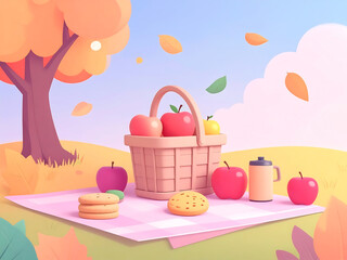 Cute 3D Autumn Picnic Scene with Apples, Basket, and Cookies. Soft, cheerful pastel style perfect for fall leisure and food themes.