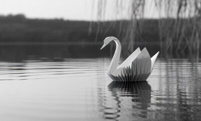 A black and white image of a paper swan floating on tranquil water with blurred background