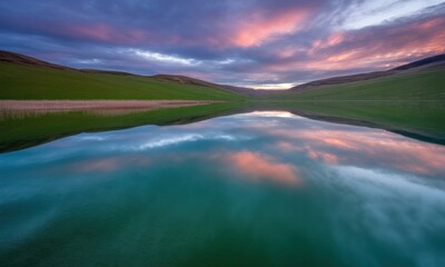 A calm, turquoise lake mirrors a vibrant, colorful sunset sky over green hills