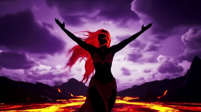Goddess with arms raised over lava in a volcanic world for fantasy concepts