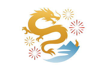 Golden chinese dragon with fireworks and mountain symbol celebrating asian new year isolated on transparent background