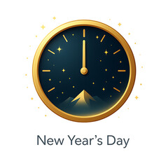 Golden new year clock showing midnight celebrating new year’s day with dark starry sky and sparkling light festive background illustration