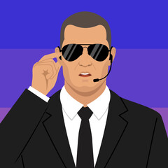 Professional Bodyguard in Black Suit with Earpiece and Sunglasses