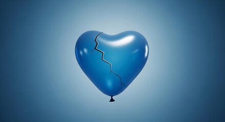 A bright blue heartshaped balloon with a prominent crack running through it, symbolizing a broken heart or emotional damage