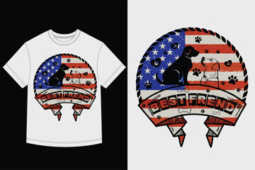 Patriotic Dog T-Shirt Design - 'Best Friend' Ribbon Banner with Two Dogs and Distressed American Flag Background