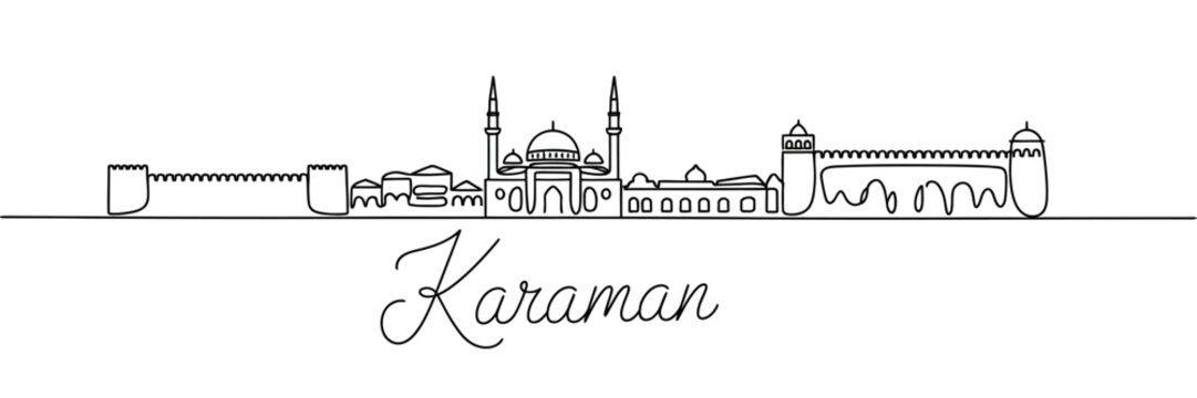 Karaman Cityscape Line Art Illustration Depicting Historical Architecture and Cultural Landmarks in Turkey with Modern Aesthetic