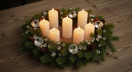 Christmas Candle Arrangement with Pine and Crystals