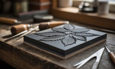 A close-up of a carved leaf design on a block with tools on a wooden work surface