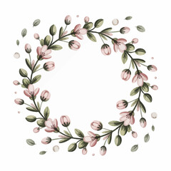 Watercolor floral wreath with delicate pink blossoms and green leaves