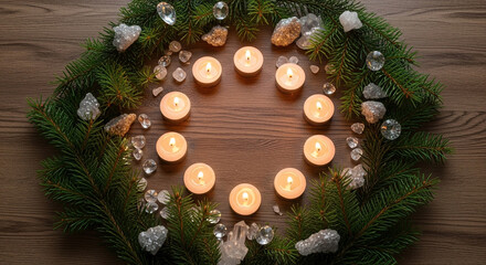 Circle of Lit Candles with Pine and Crystals