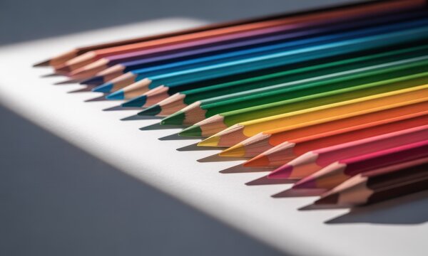 A close-up of colorful pencils arranged in a diagonal line, lit by soft natural light - Powered by Adobe