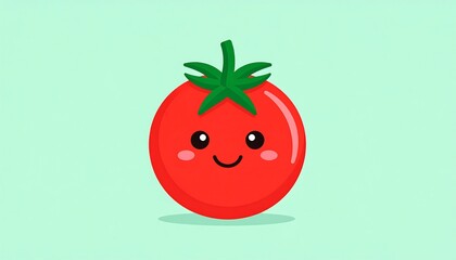 A cute, cartoon tomato with a bright red body, green stem, and happy, round eyes. It has a simple design against a soft green background