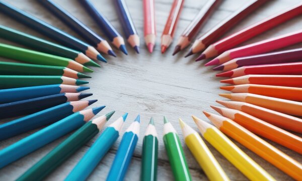 A colorful circle of sharpened pencils arranged on a light-colored wooden surface