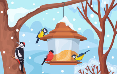 Bird winter feeder. Birds feed in trough wood house on snow branch, titmouse snowy tree forest landscape feeding tit garden park cartoon woodland nature neat vector illustration original artwork © ssstocker