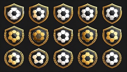 A collection of fifteen soccer balls displayed in golden, ornate shield emblems against a dark background