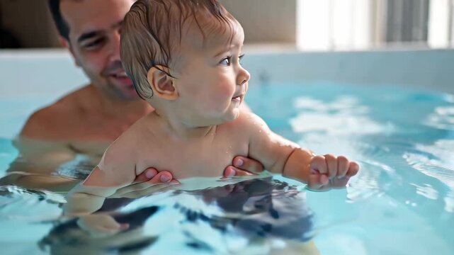 Baby learning to swim in pool held by father child splashing water indoor swimming lesson family activity infant swimming safety