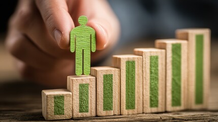 Hand placing a green wooden figure on top of a bar graph made from wood blocks symbolizing business growth and human resources