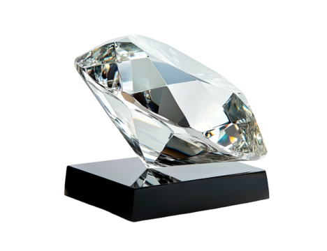 Faceted crystal diamond atop glossy black base, on a dark background - Powered by Adobe