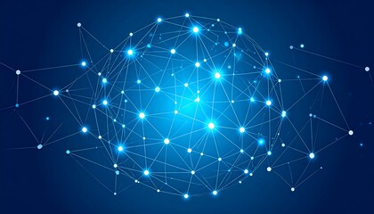 A digitally rendered glowing sphere representing connectivity and a network of data points and lines on a blue gradient background