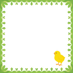 Cute yellow chick standing in a green leafy border with white space